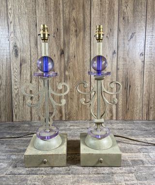 Large Vintage Heavy Iron & Purple Acrylic Table Lamps.