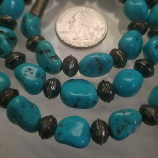 Vintage Blue Turquoise Nuggets Navajo Silver Stamped Pearls Bead Necklace 25”