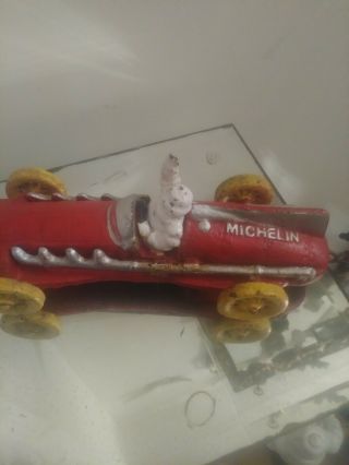 Vintage Red Michelin Man Cast Iron Race Car - Hubley