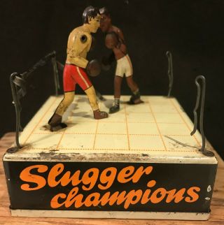 Late 1940s Us Zone German Tin Litho Wind Up Boxing Toy Slugger Champions W/ Key