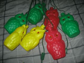 Set Of Seven Vintage Blow Mold Type Plastic Owl Shaped Patio Lights String