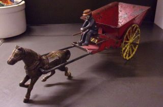 Vintage Cast Iron & Pressed Steel Horse Drawn Cart Wagon Toy