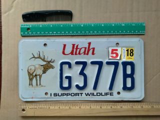 License Plate,  Utah,  May 2018,  I Support Wildlife,  Graphics: Elk,  Deer,  G 377 B