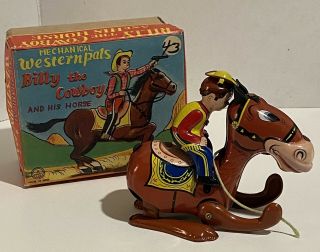 Vintage Mikuni Wind Up Tin Litho Billy The Cowboy & His Horse Toy Japan Key