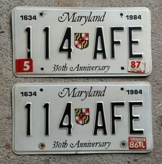 1984 84 1987 87 Maryland Md License Plate 350th Anniversary 114 Afe Pair