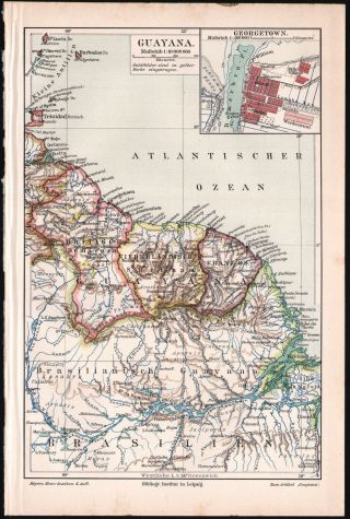Guyana South America 1909 Meyers Antique Map
