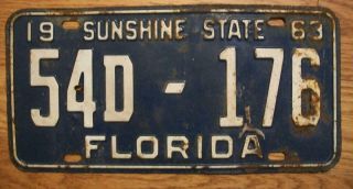 Single Florida License Plate - 1963 - 54d - 176 - Dixie County - Sunshine State