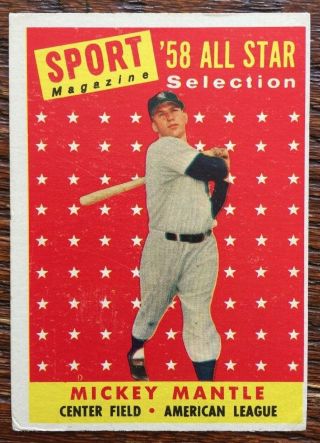1958 Topps Mickey Mantle All - Star Baseball Card - Slight Wear - Vintage