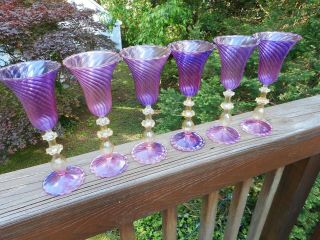 Set 6 Vintage Exqusite & Delicate 6 Oz Venetian Wine Glasses In Lavender & Amber