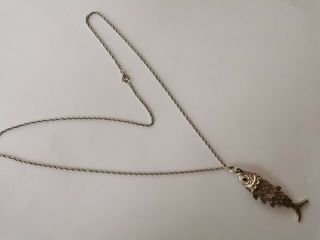 Vintage Solid Sterling Silver Large Articulated Moving Fish Pendant & Chain