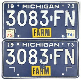 1973 1974 1975 Michigan Farm License Plate Pair 3083 - Fn