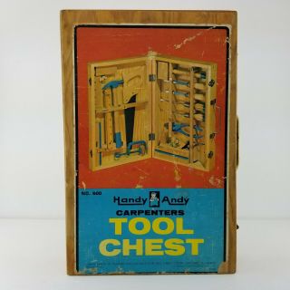 Vintage Handy Andy Kids Carpenters Tool Chest Set In Wood Box With Tools