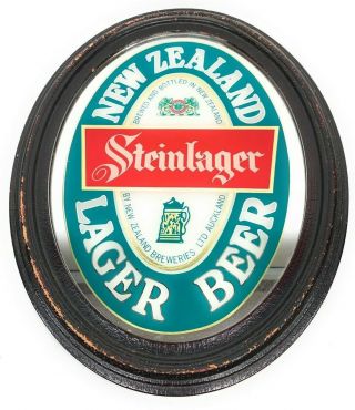 Vintage Zealand Steinlager Beer Bar Sign Mirror Wood Frame 14”x 18” Oval