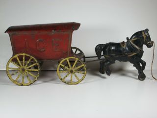 Vintage Cast Iron Ice Wagon,  Cast Iron Horse And Red Tin Embossed Wagon Cover
