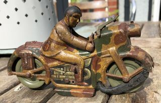 Pre War Japan Tinplate Clockwork Military Motorcycle