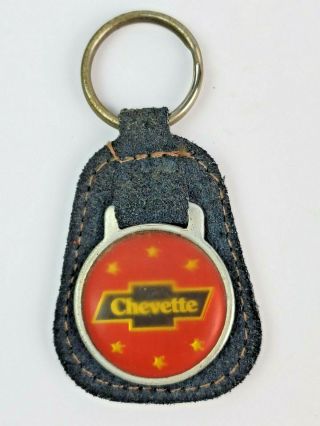 Vintage Chevy Chevette Logo Leather Keychain Keyring Fob Tab Navy Blue