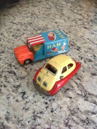 Two Vintage Tin Friction Made In Japan Cars Isetta & Ham Truck