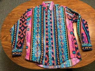 Mens Vintage Wrangler All Over Print Aztec Button Up Western Shirt Size 16.  5/35