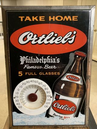 Ortlieb’s Quart Beer Thermometer Tin Over Cardboard