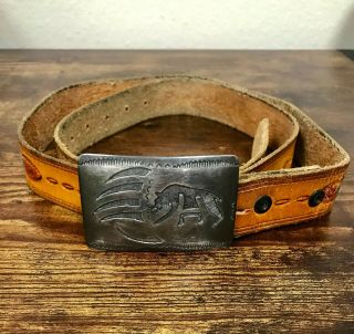 Vtg Estate Tahe T Halmark Sterling Silver Claw Bear Belt Buckle W/ Leather Belt