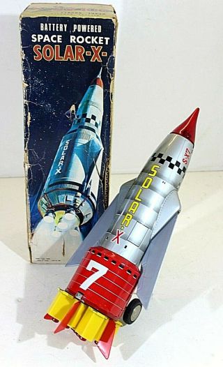 T.  N.  Nomura Space Rocket " Solar X " Battery Op.  Vtg,  Tin,  Japan,  Thunderbird Og Box