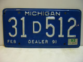1991 (92) Michigan License Plate 31 D 512 Dealer Vintage As4191