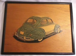 Vintage Volkswagen Vw Bug Framed Handmade Wooden Artwork Intarsia Or Marquetry
