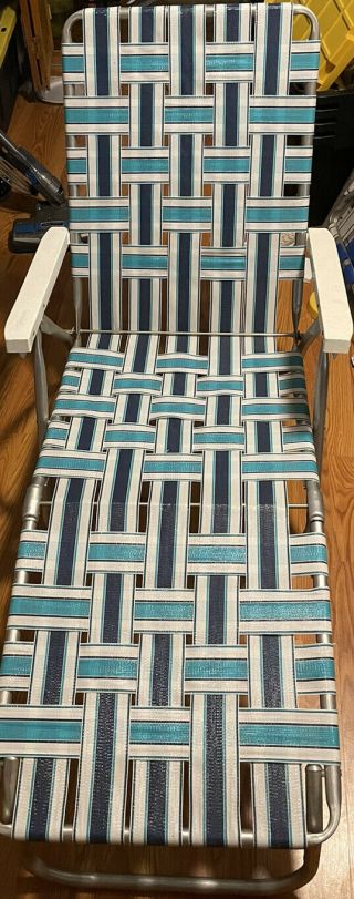 Webbed Vintage Aluminum Folding Chaise Lounge Lawn Chair Blue White Sunbeam