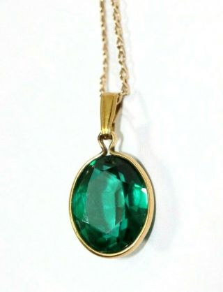 Vintage 14k Yellow Gold,  Syn.  Emerald 17 " Necklace/pendant: 1.  9 Grams