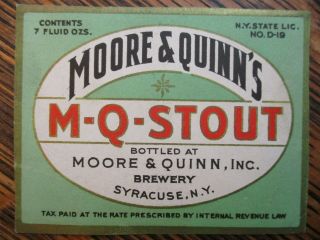 1940`s Moore & Quinn M Q Stout 7 Oz Beer Label Syracuse Ny Irtp
