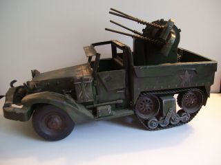 Vintage Metal Toy U.  S.  Army Half Track Truck W/anti Aircraft Guns Large/detailed