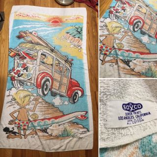 Vintage Beach Towel Surfing Woody Wagon ‘pray For Surf’ Terrycloth 70s