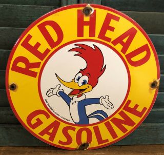 Vintage 1948 Dated Red Head Gasoline Motor Oil Porcelain Enamel Gas Pump Sign
