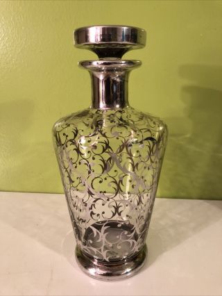 Vintage Saint Graal France Silver Overlay Glass Decanter And Stopper,  9”