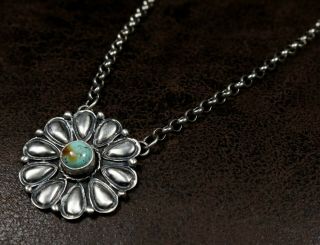 Vintage Old Pawn Navajo Repousse Turquoise Sterling Flower Chain Necklace