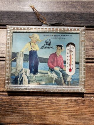 Vtg 1950s Iroquois Beer Advertising Thermometer Suspension Bridge Hanging Framed