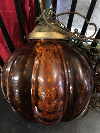 Vtg Mid - Century Modern Amber Glass Swag Hanging Lamp Light Diffuser Mcm 1960s