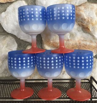Vintage Bartlett Collins Thumbprint Goblets Red White Blue Stars Americana Glass