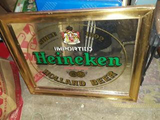 Vintage Heineken Gold Holland Beer Wall Bar Advertising Mirror Sign Brass Tone