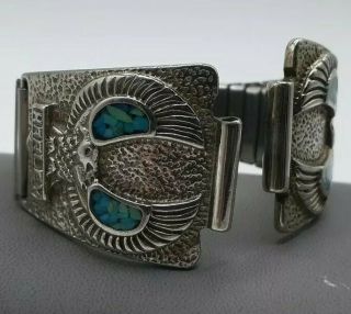 Vintage Harley Davidson Silver Watch Cuff Band Turquoise Chips