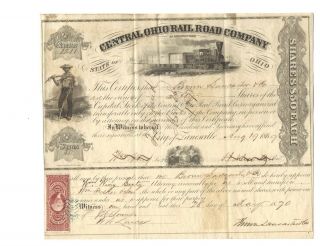 Central Ohio Rail Road Co.  Stock Certificate - Zanesville Ohio 1869