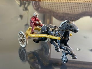 1930’s KENTON Toys Cast Iron Horse Drawn Sulky w Jockey 7 1/4” Marked 2