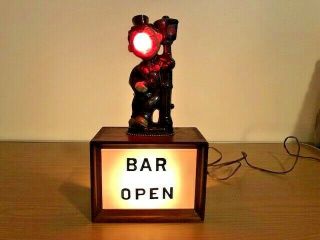 Vintage " Bar Open " Light Sign Drunk Hobo Or Clown On Leaning On Lamp Pole