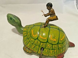Circa 1930 ' s Girl Riding on a Large Turtle Tin - Litho Toy 2