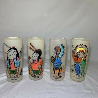 Vintage Indian Native American Tribe Frosted Glass Tumbler Bill T Lores 16oz Set