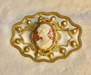 Vintage Miriam Haskell Signed Gold - Tone Faux Cameo Brooch
