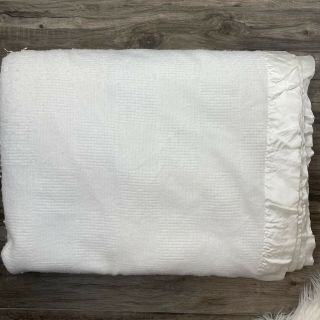 Vintage White Cotton Thermal Acrylic Blanket Nylon Trim Usa 98 X 108 King Size
