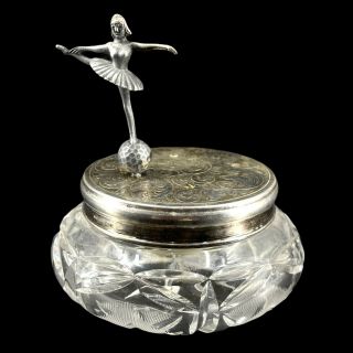 Vtg Reuge W Germany Silver Plate Ballerina Cut Crystal Trinket Music Powder Box
