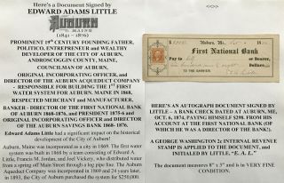 Founding Father Politician City Auburn Maine Little Document Signed Check 1874