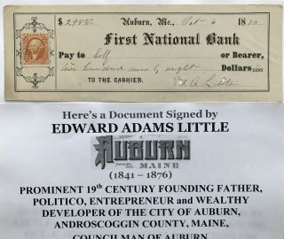 FOUNDING FATHER POLITICIAN CITY AUBURN MAINE LITTLE DOCUMENT SIGNED CHECK 1874 2